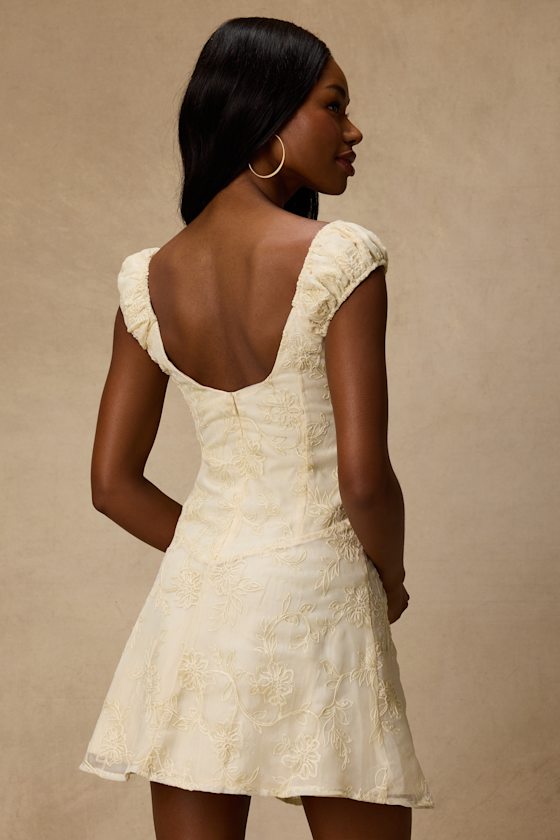 Aura Pale Yellow Embroidered Mini Dress