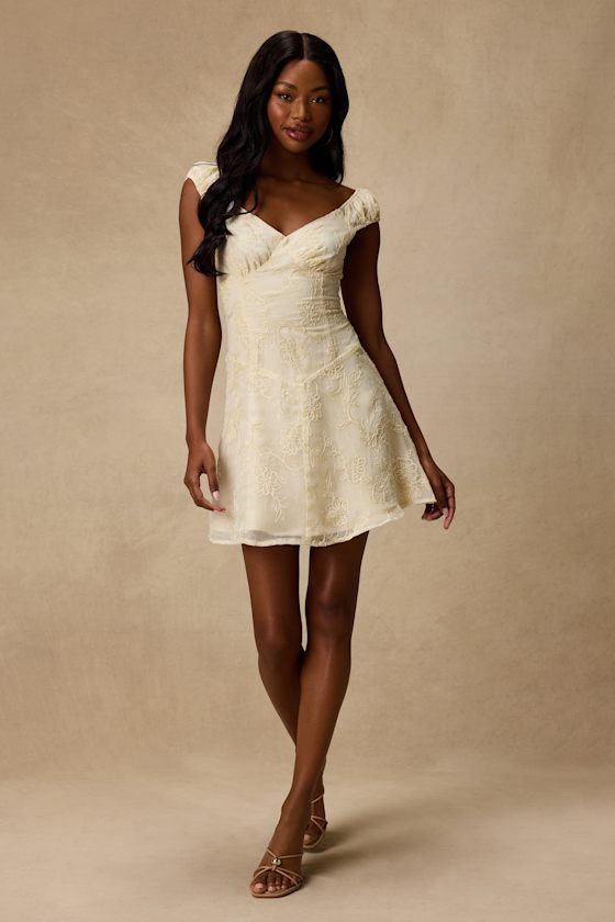 Aura Pale Yellow Embroidered Mini Dress