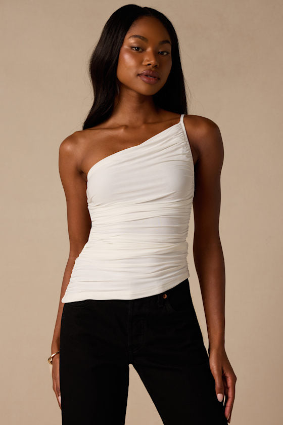 Willow White Ruched Asymmetrical Tank Top