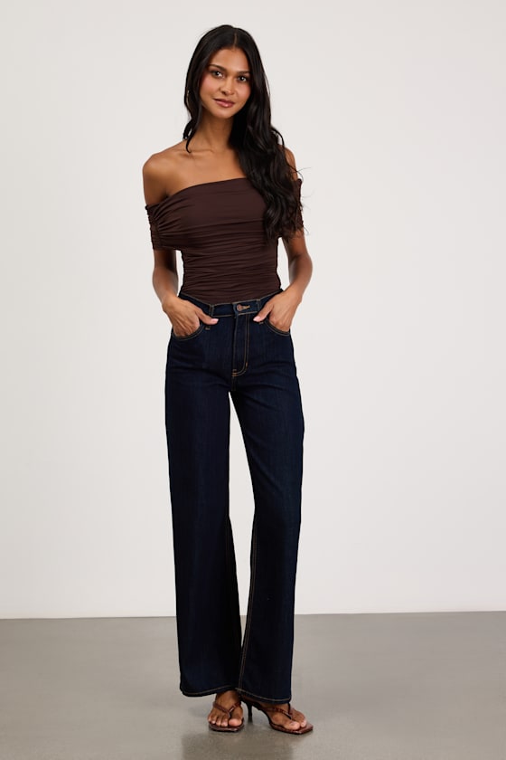 Jarena Dark Brown Ruched Off-the-Shoulder Top