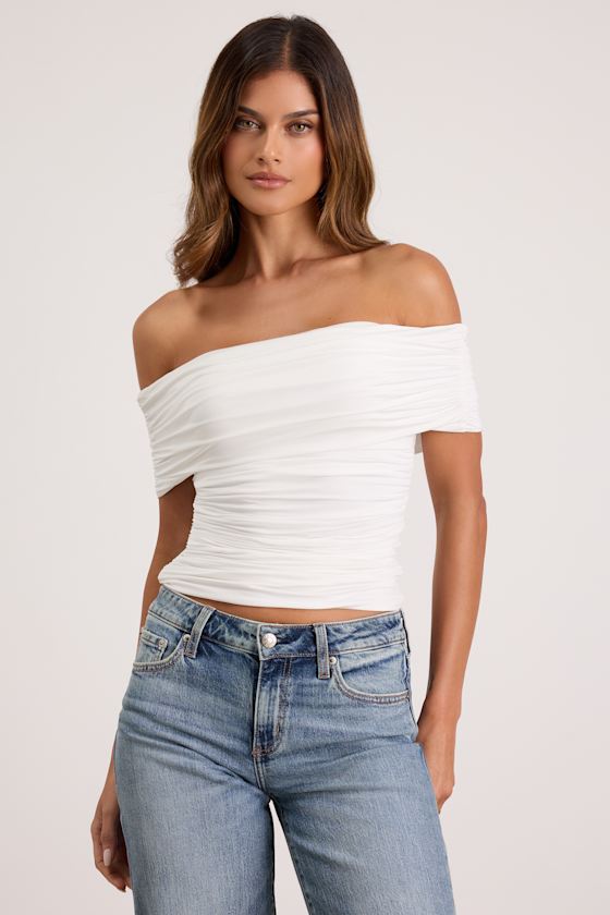Jarena White Ruched Off-the-Shoulder Top