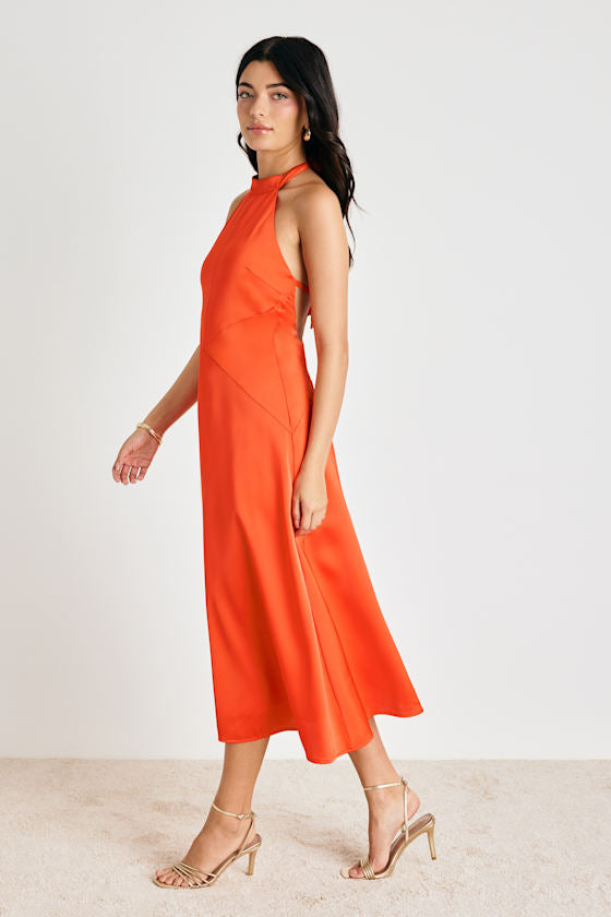 Deva Orange Satin Halter Midi Dress