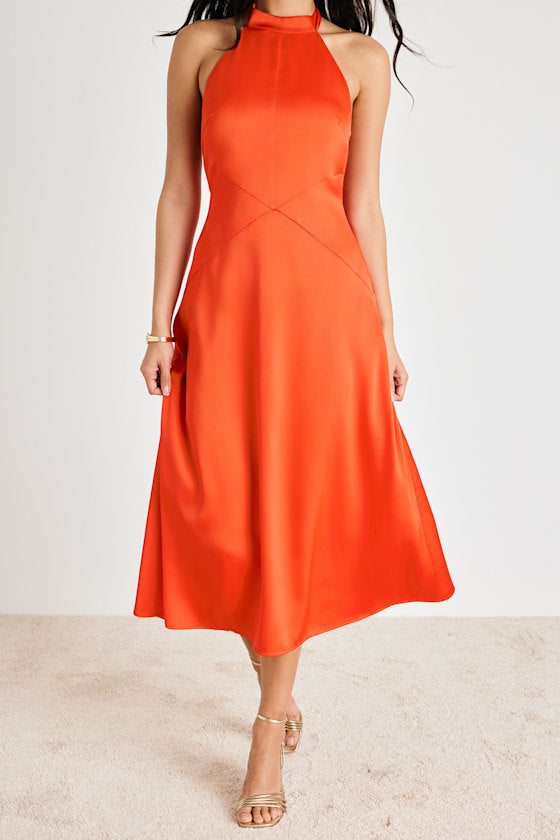 Deva Orange Satin Halter Midi Dress