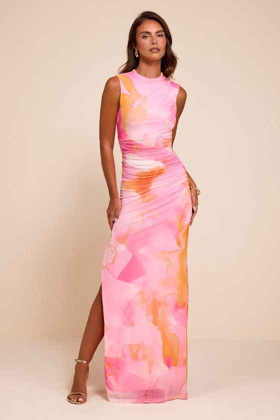 Aldea Light Pink Multi Mesh Mock Neck Maxi Dress