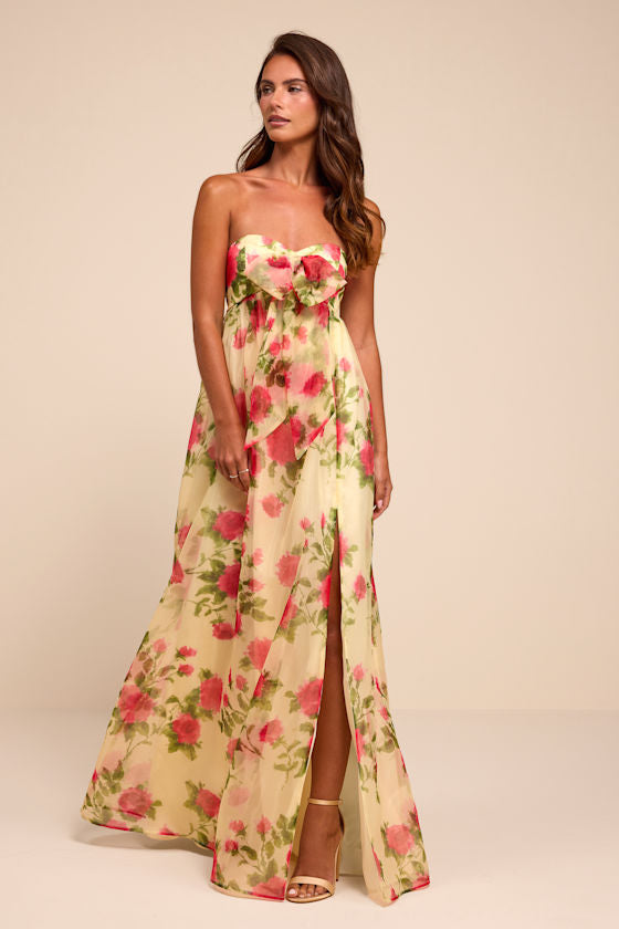 Ember Light Yellow Floral Organza Strapless Maxi Dress