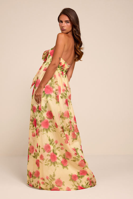 Ember Light Yellow Floral Organza Strapless Maxi Dress