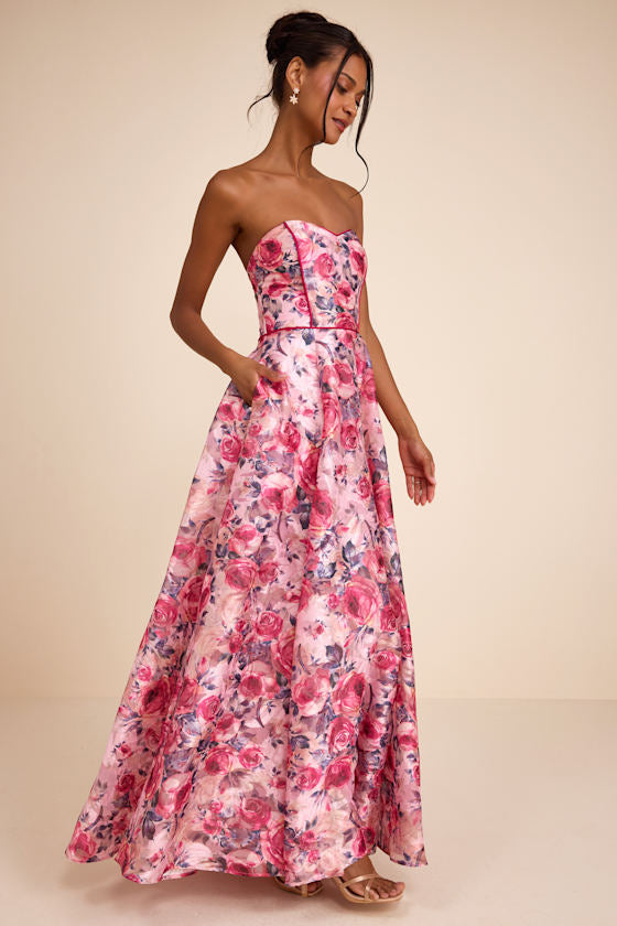 Avaia Pink Floral Strapless Maxi Dress