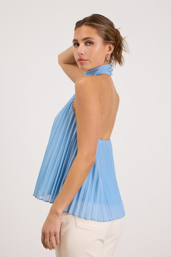 Twyla Light Blue Pleated Halter Tank Top