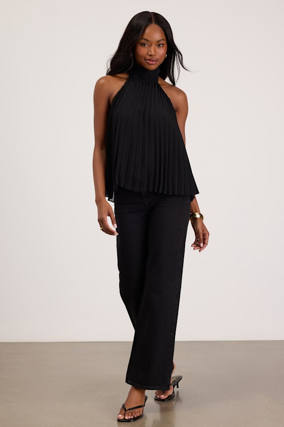 Twyla Black Pleated Halter Tank Top