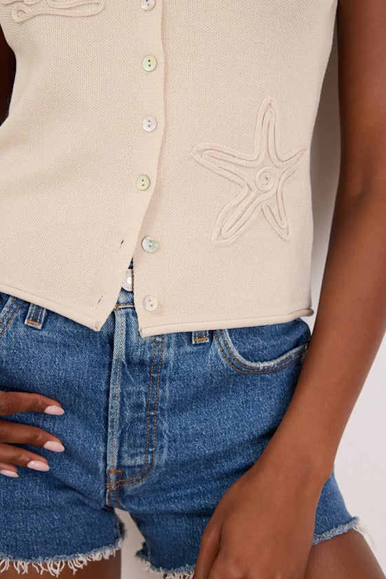 Jayla Beige Embroidered Button-Front Sweater Top