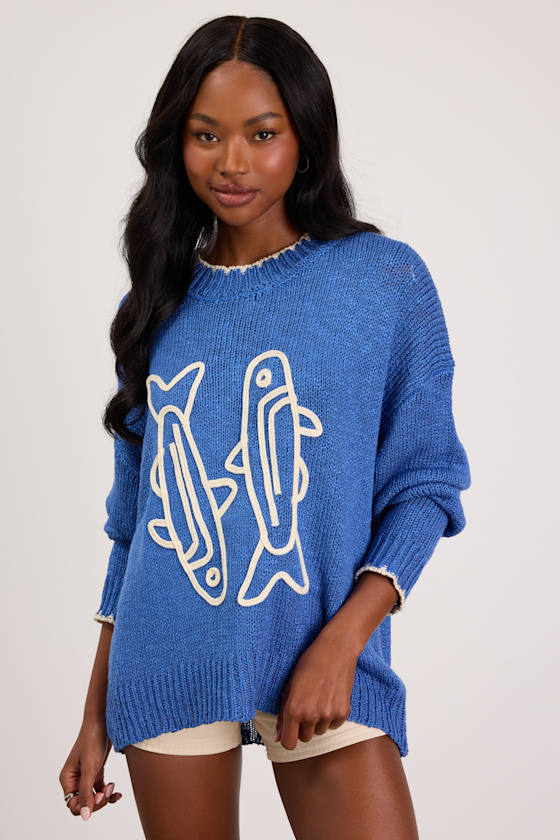 Montauk Blue Embroidered Pullover Sweater