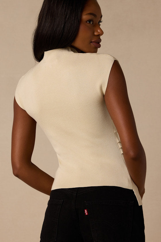 Terry Light Beige Mock Neck Asymmetrical Sweater Top