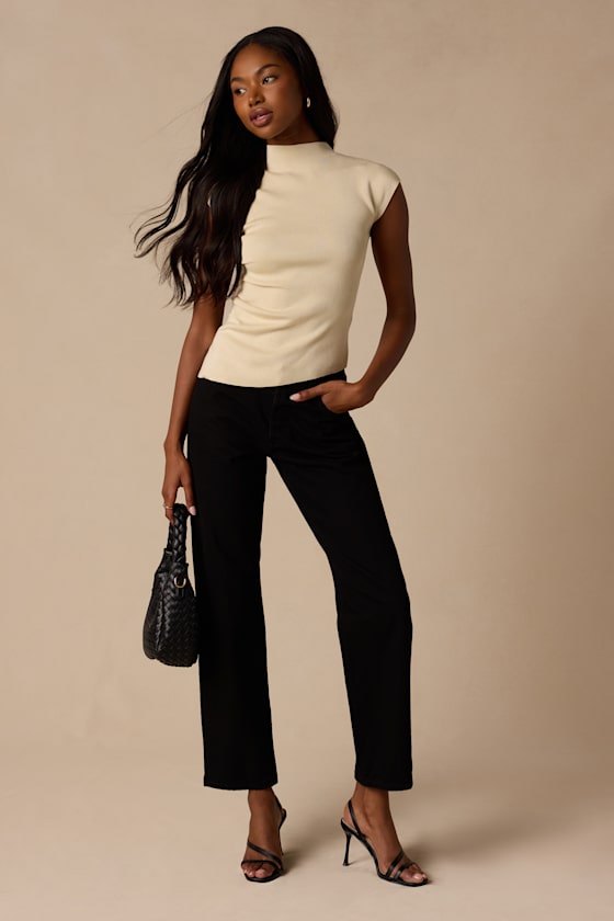 Terry Light Beige Mock Neck Asymmetrical Sweater Top