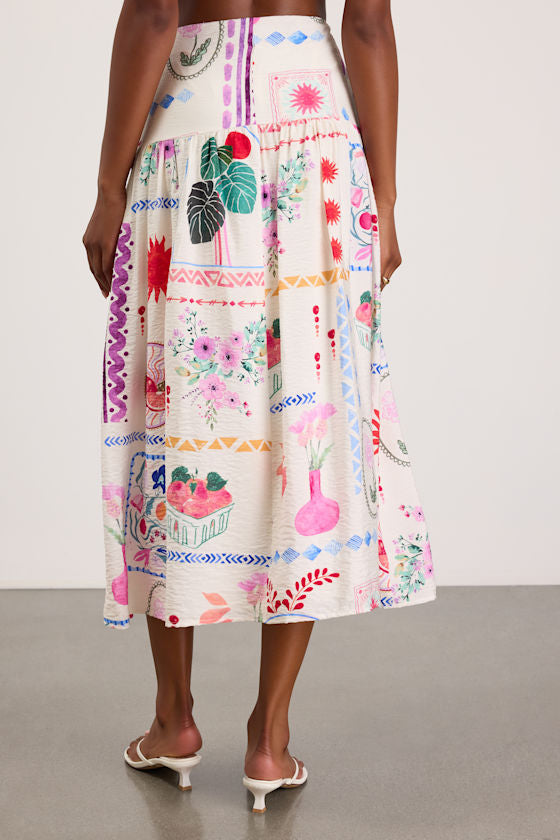 Fabella White Multi Print Textured Midi Skirt