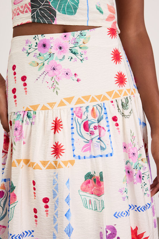 Fabella White Multi Print Textured Midi Skirt
