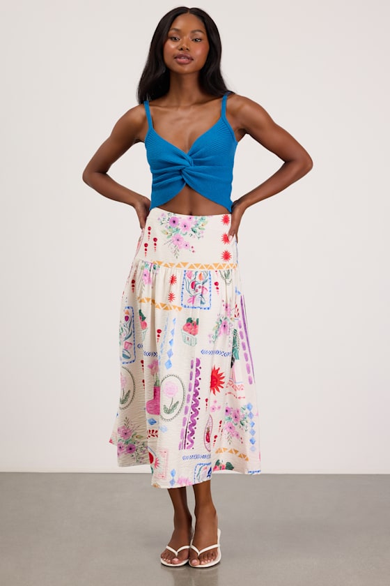 Fabella White Multi Print Textured Midi Skirt