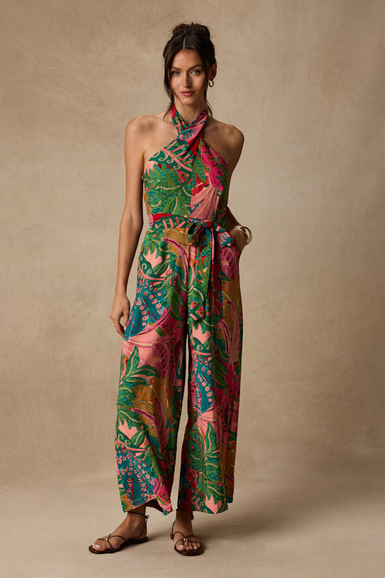 Mar Alto Pink Multi Leaf Print Wide-Leg Jumpsuit
