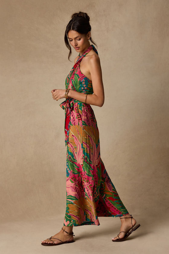Mar Alto Pink Multi Leaf Print Wide-Leg Jumpsuit