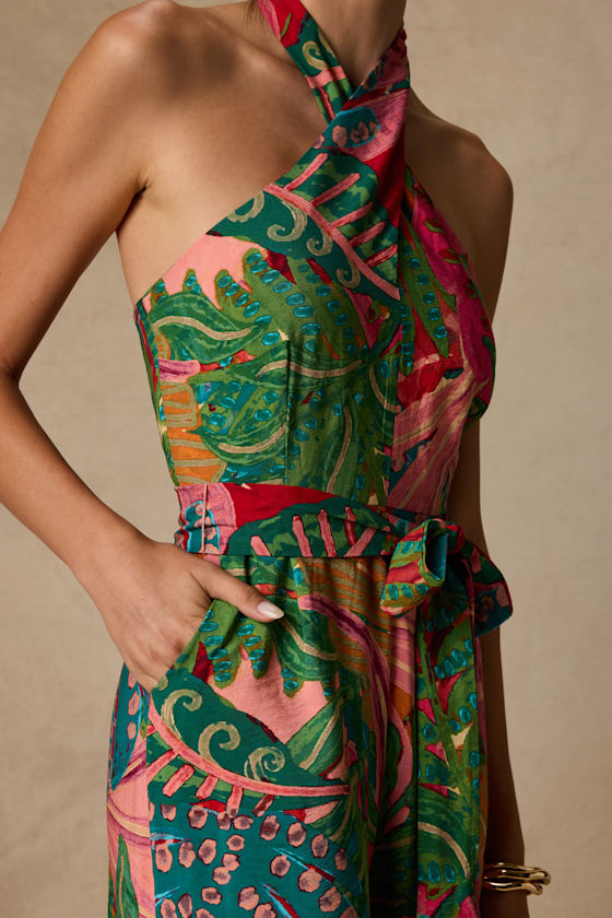 Mar Alto Pink Multi Leaf Print Wide-Leg Jumpsuit