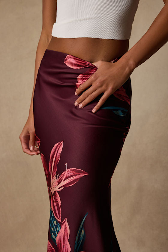 Belita Burgundy Multi Floral Satin Maxi Skirt