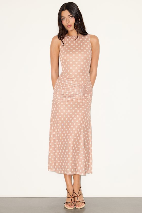 Loren Beige Polka Dot Mesh Ruched Midi Dress