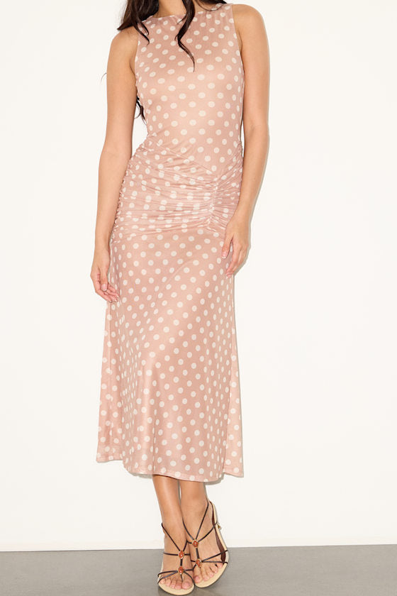 Loren Beige Polka Dot Mesh Ruched Midi Dress