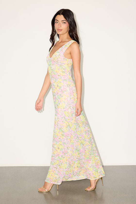 Earhart Yellow Multi Floral Mesh Maxi Dress