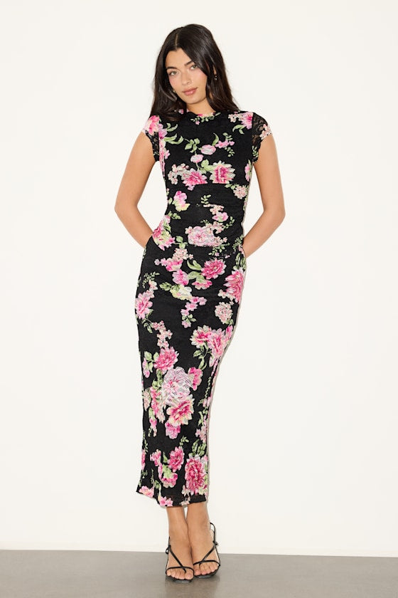 Lacey Black Floral Lace Two-Piece Midi Dress