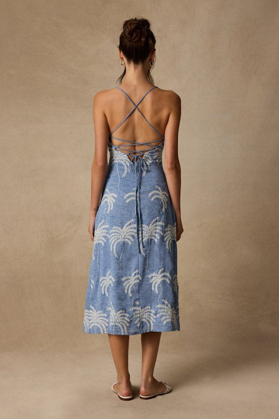Destin Light Blue Embroidered Lace-Up Midi Dress
