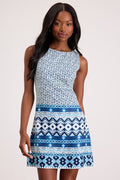 Leabella White and Blue Geo Print Satin Mini Dress