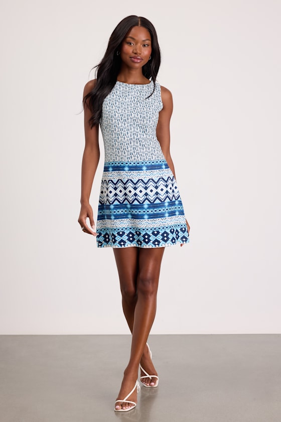 Leabella White and Blue Geo Print Satin Mini Dress
