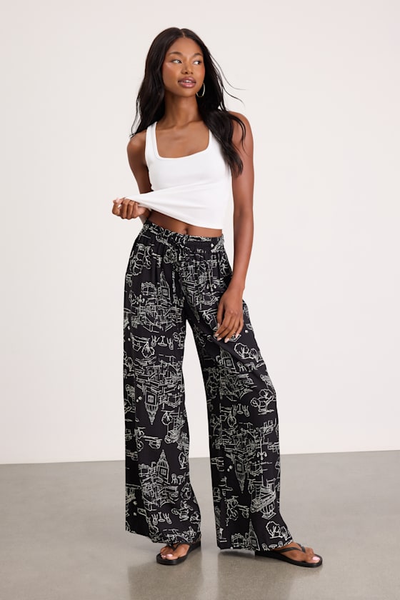 Ravia Black Print Wide-Leg Pants