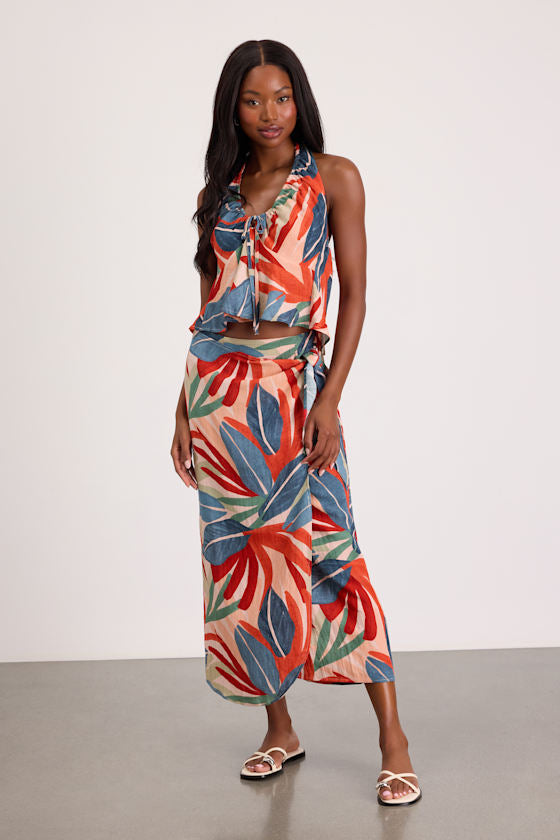Blake Orange Multi Leaf Print Faux-Wrap Midi Skirt