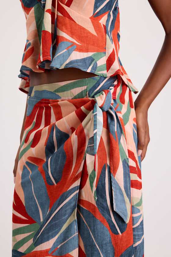 Blake Orange Multi Leaf Print Faux-Wrap Midi Skirt