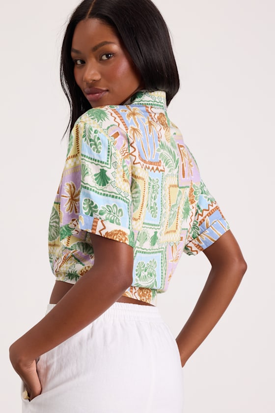 Kaliyah Multi Tropical Print Tie-Front Collared Top