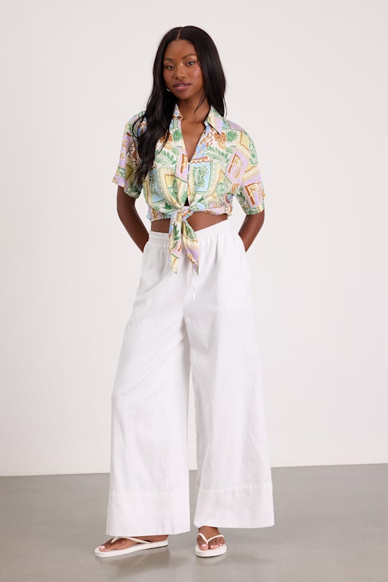 Kaliyah Multi Tropical Print Tie-Front Collared Top