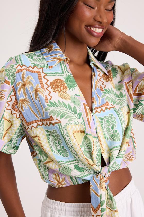 Kaliyah Multi Tropical Print Tie-Front Collared Top