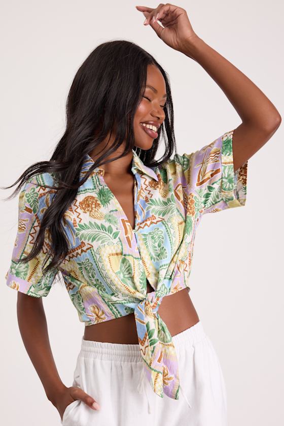 Kaliyah Multi Tropical Print Tie-Front Collared Top