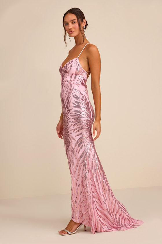 Sparkle 'til Dawn Light Pink Sequin Lace-Up Mermaid Maxi Dress