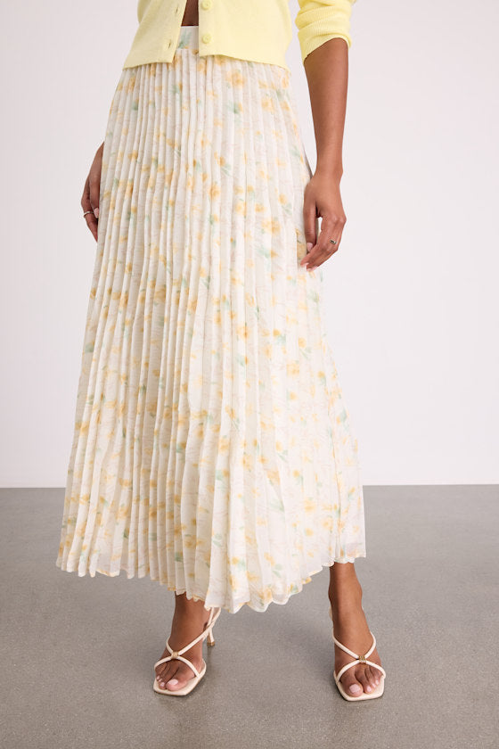 Calla Ivory Floral Pleated Midi Skirt
