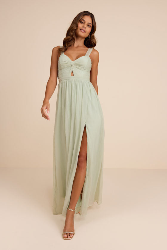 Aria Sage Green Crinkle Twist-Front Maxi Dress