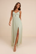 Aria Sage Green Crinkle Twist-Front Maxi Dress
