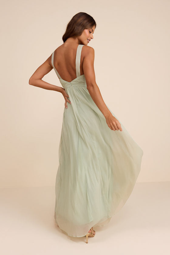 Aria Sage Green Crinkle Twist-Front Maxi Dress