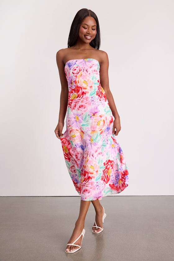 Angeles White Multi Floral Satin Cowl Back Midi Dress