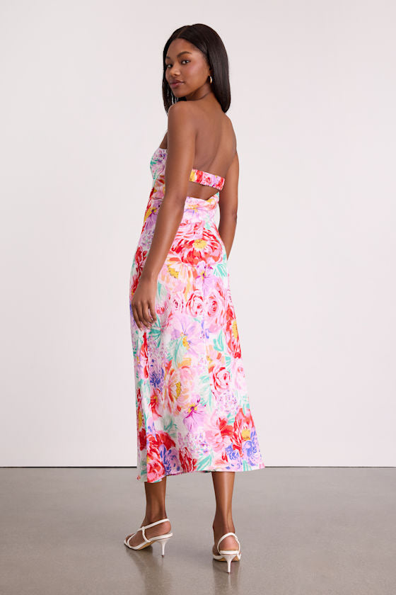 Angeles White Multi Floral Satin Cowl Back Midi Dress