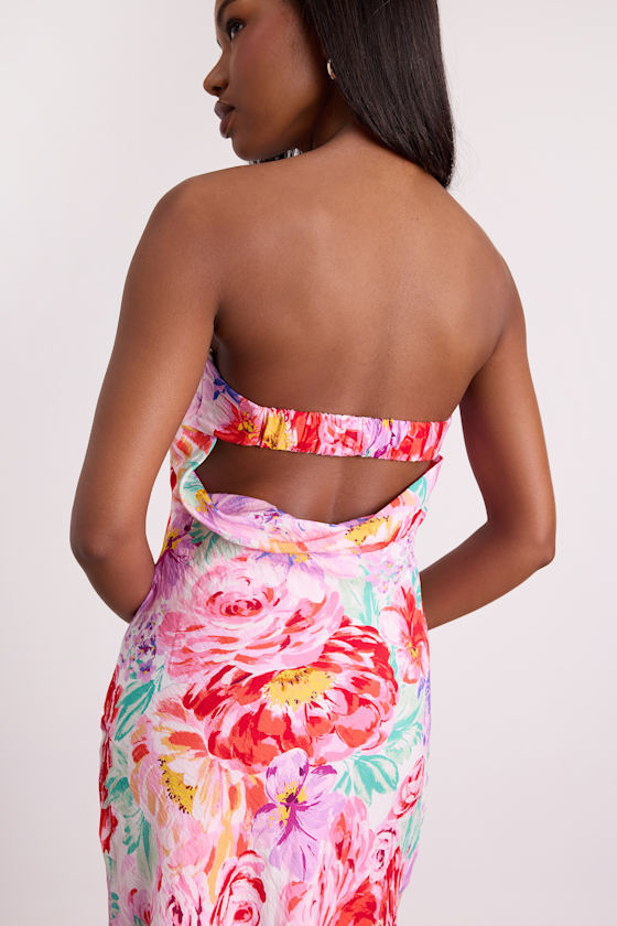 Angeles White Multi Floral Satin Cowl Back Midi Dress