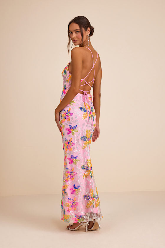 Zaylee Light Pink Sequin Lace-Up Mermaid Maxi Dress