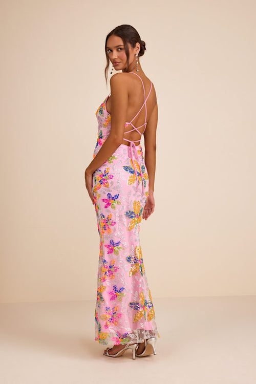 Zaylee Light Pink Sequin Lace-Up Mermaid Maxi Dress