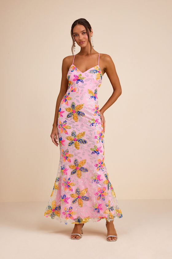 Zaylee Light Pink Sequin Lace-Up Mermaid Maxi Dress