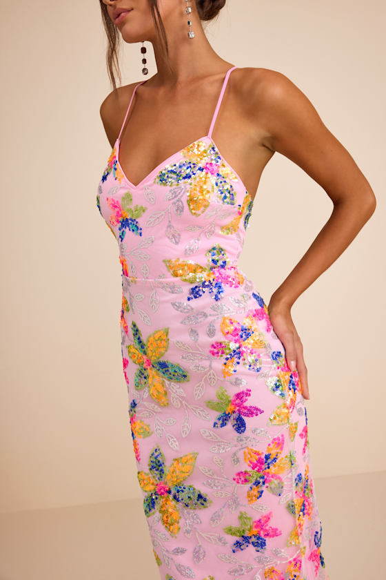 Zaylee Light Pink Sequin Lace-Up Mermaid Maxi Dress